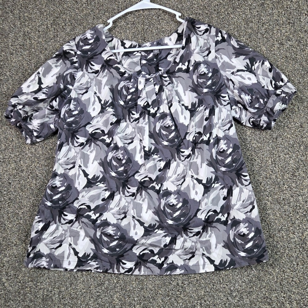 Apt. 9 Floral Blouse Womens XL Gray Short‎ Sleeve Pleated Neck Stretch Top